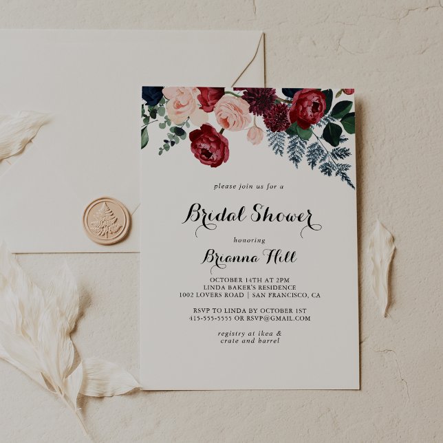 Invitation Fête des mariées florale de la marine de Bourgogne (Créateur téléchargé)