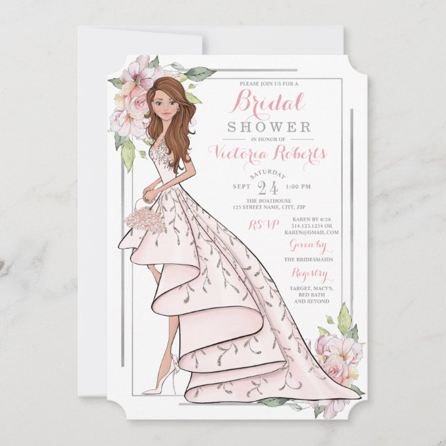 Invitation Fête des mariées florale de mariée illustrée (Devant)
