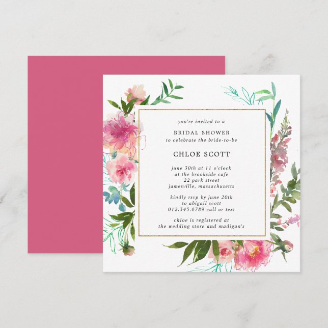 Invitation Fête des mariées florale de pivoine rose rustique (Devant / Derrière)