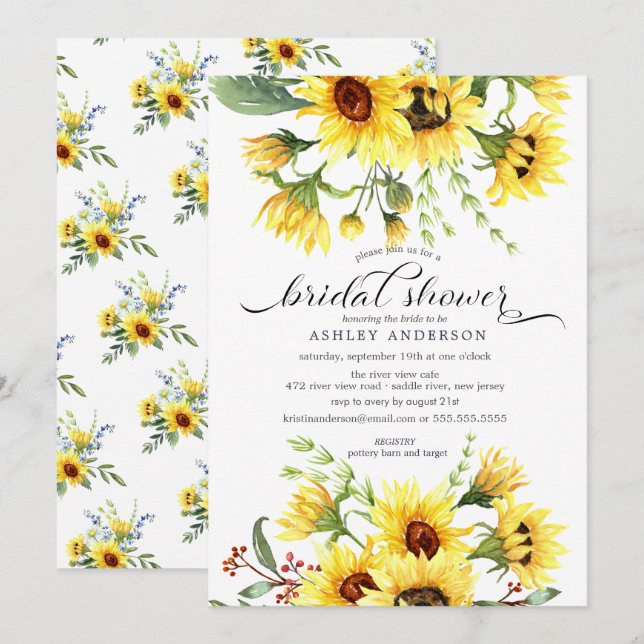 Invitation Fête des mariées florale de tournesol jaune joyeux (Devant / Derrière)