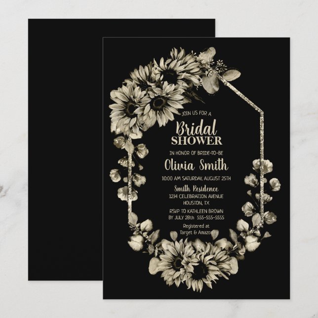 Invitation Fête des mariées florale de tournesol noir (Devant / Derrière)