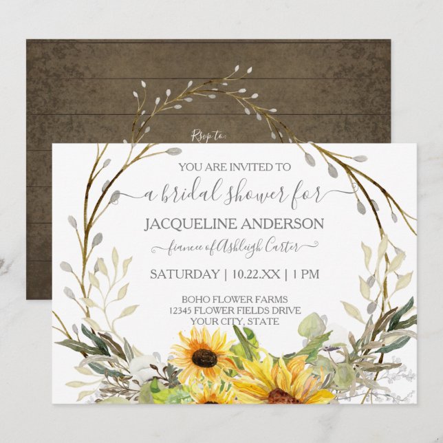 Invitation Fête des mariées florale de tournesol rustique (Devant / Derrière)
