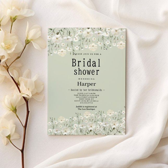 Invitation Fête des mariées florale délicate à la menthe d'iv (Botanical ivory mint delicate floral Bridal Shower)