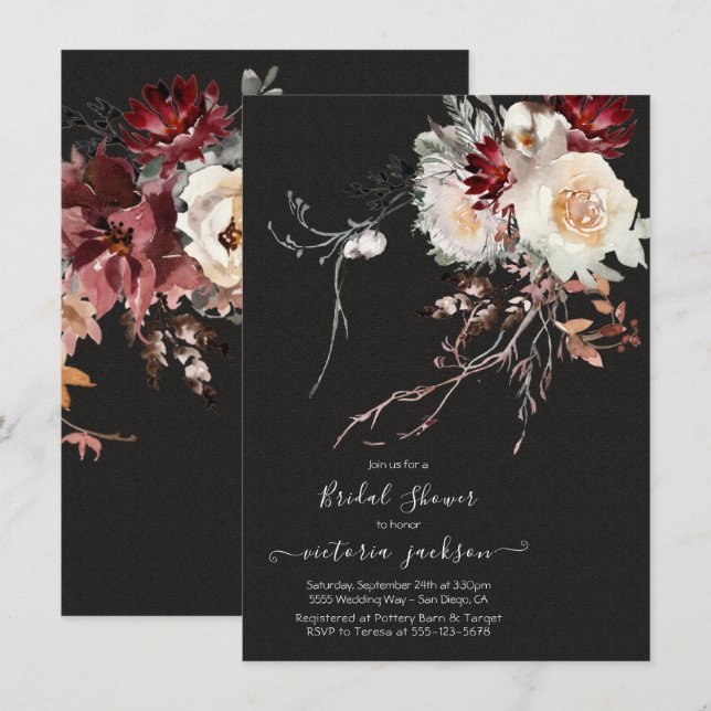 Invitation Fête des mariées florale d'hiver foncé et humide (Devant / Derrière)