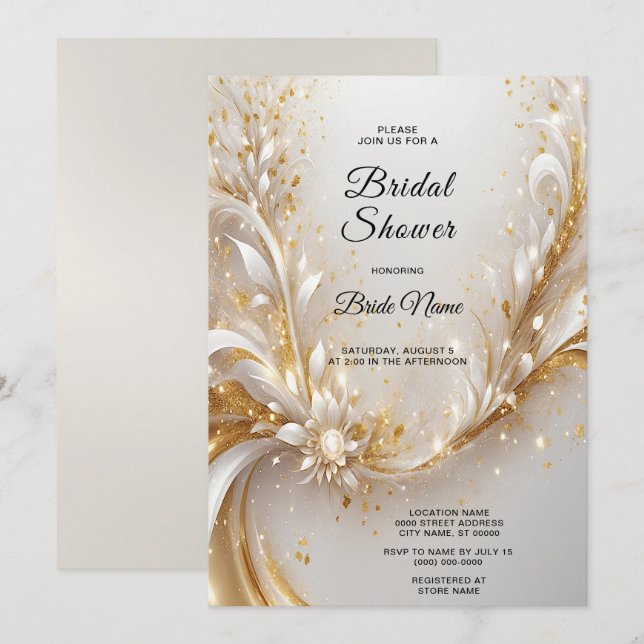 Invitation Fête des mariées florale d'or blanc (Devant / Derrière)
