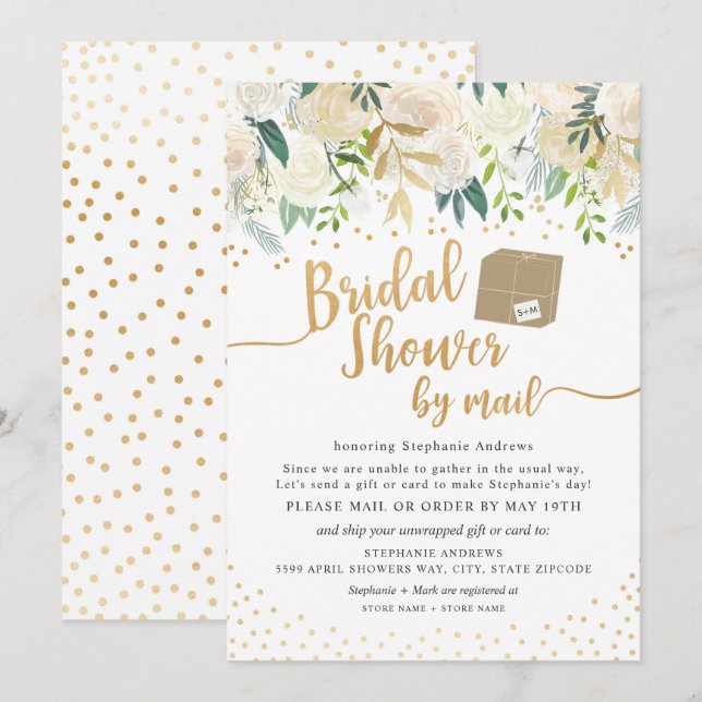 Invitation Fête des mariées Florale d'or blanc par courrier (Devant / Derrière)