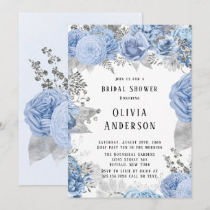 Invitation Fête des mariées florale Dusty Blue et Silver Invi