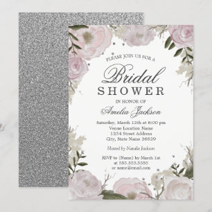 Invitation Fête des mariées florale en argent rose