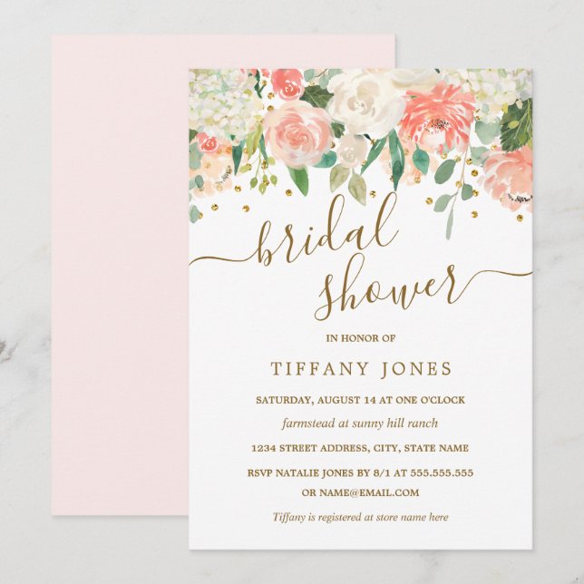 Invitation Fête des mariées florale en or rose Confetti (Devant / Derrière)