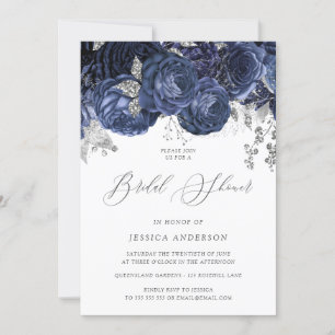 Invitation Fête des mariées florale enchantée marine et argen