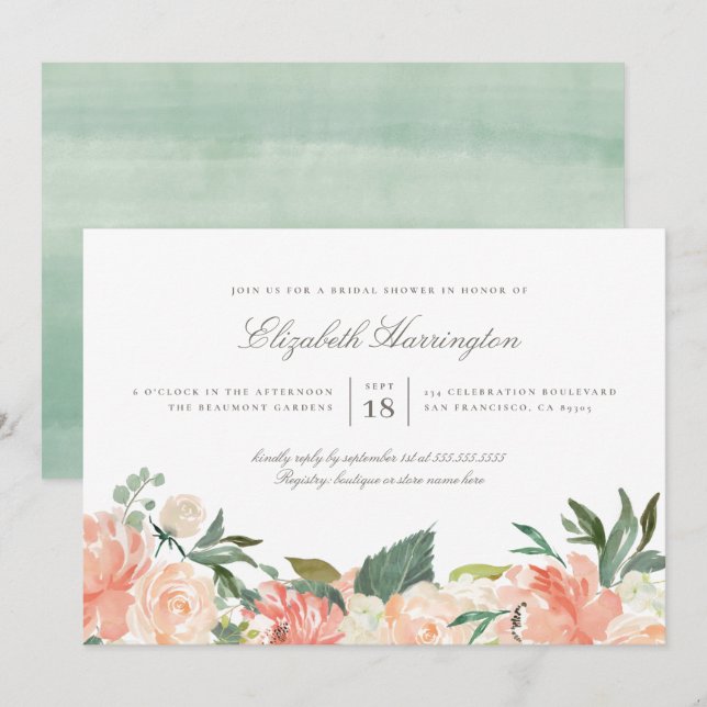Invitation Fête des mariées florale estivale Peaches & Crème (Devant / Derrière)