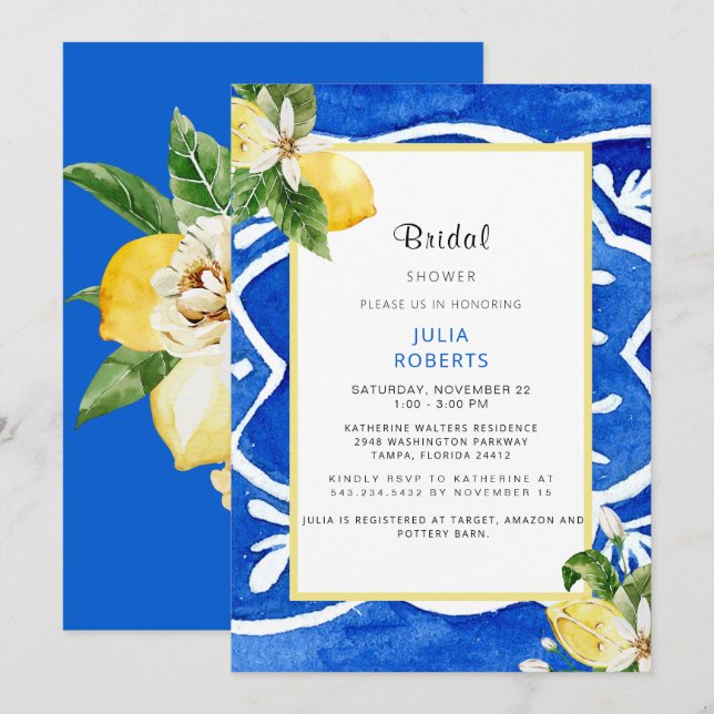 Invitation Fête des mariées florale et citron méditerranéenne (Devant / Derrière)