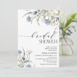 Invitation Fête des mariées florale Fleur sauvage bleu blanc