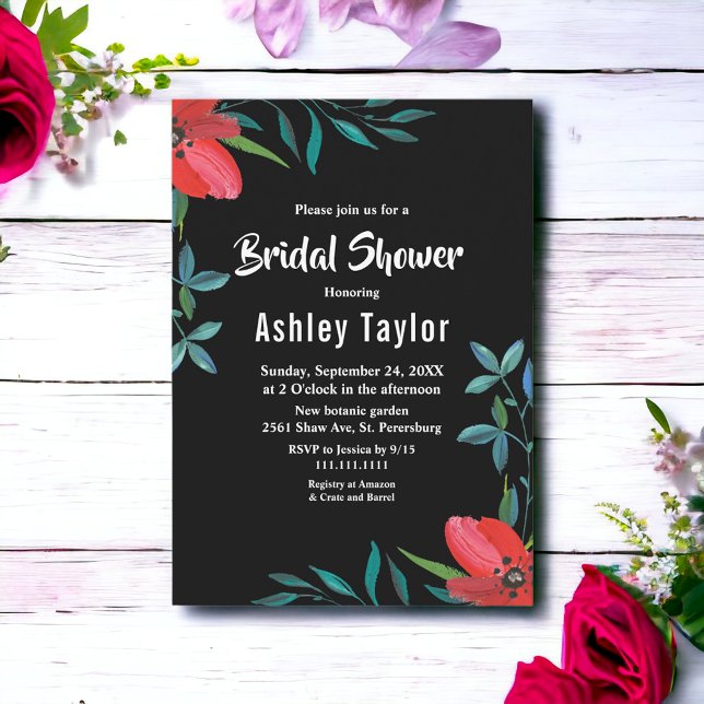 Invitation Fête des mariées Florale Fleur sauvage Noir Et Bla (Créateur téléchargé)