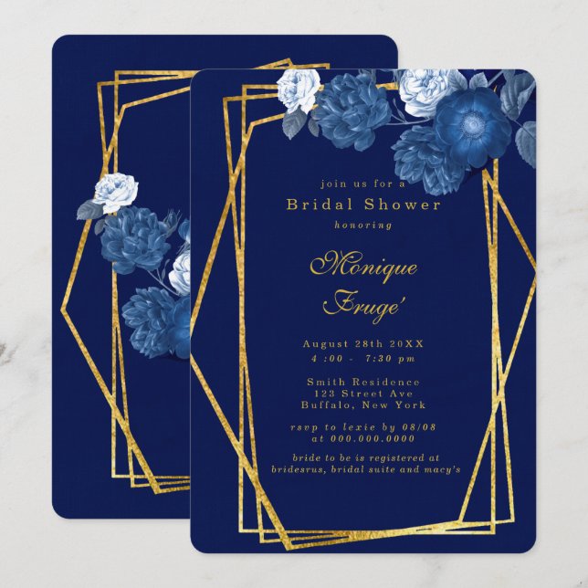 Invitation Fête des mariées florale géométrique bleue et or (Devant / Derrière)