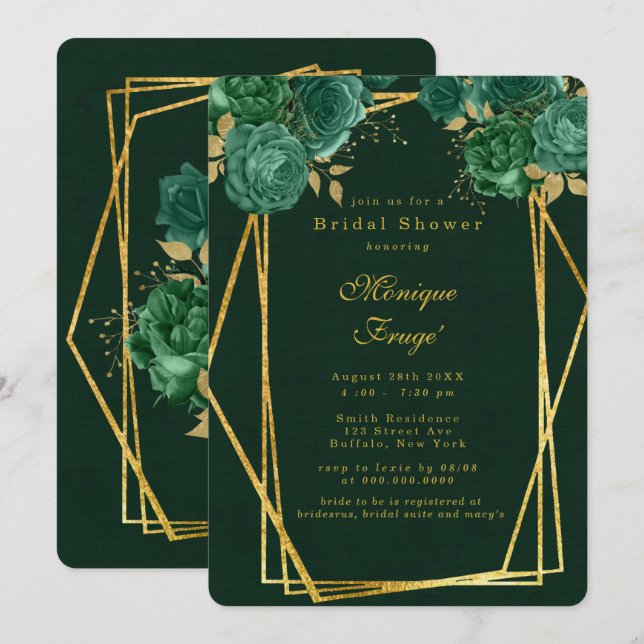 Invitation Fête des mariées florale géométrique Emerald Green (Devant / Derrière)