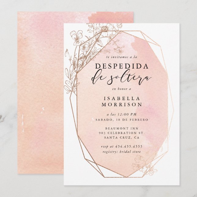 Invitation Fête des mariées florale Géométrique Or Blush (Devant / Derrière)