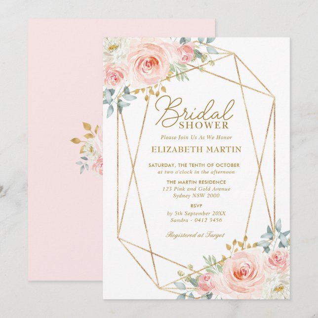 Invitation Fête des mariées florale Géométrique rose rose (Devant / Derrière)