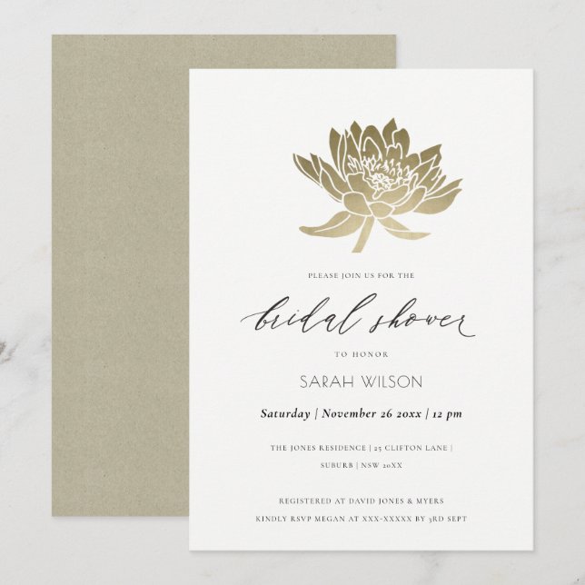 Invitation Fête des mariées FLORALE GLAMOREUSE OR BLANC LOTUS (Devant / Derrière)