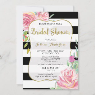 Invitation Fête des mariées florale Gold, Black & White