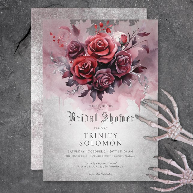 Invitation Fête des mariées florale gothique noire et rose ro (Gothic Black & Red Rose Floral Bridal Shower Invitation)