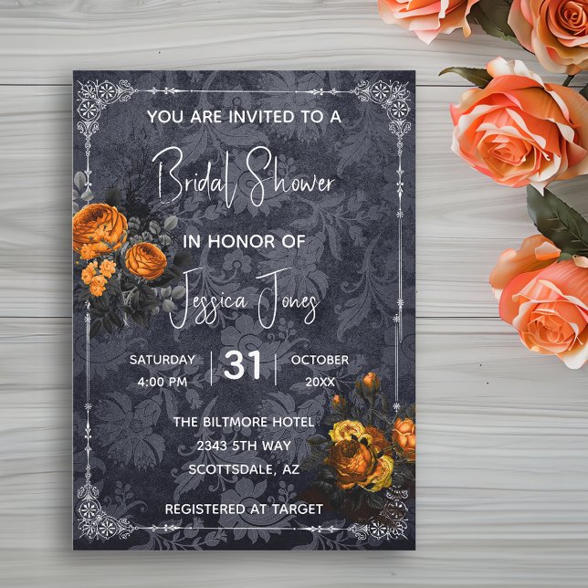 Invitation Fête des mariées florale Halloween Rose orange (Créateur téléchargé)