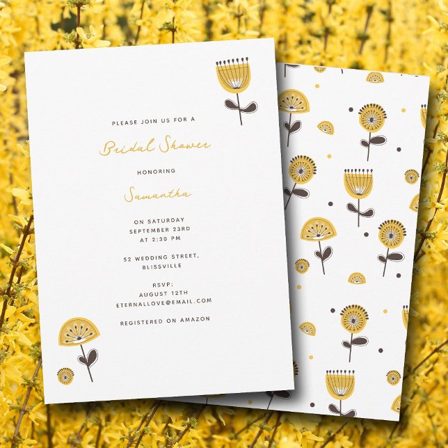 Invitation Fête des mariées Florale Jaune moderne du milieu d (Mid Century Modern Yellow Floral Bridal Shower Invitation)