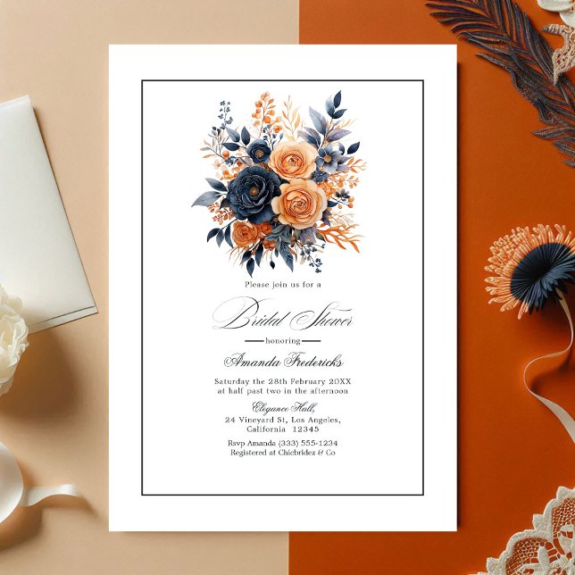 Invitation Fête des mariées florale marine et orange (Navy and Orange Watercolor Floral Bridal Shower Invitation)