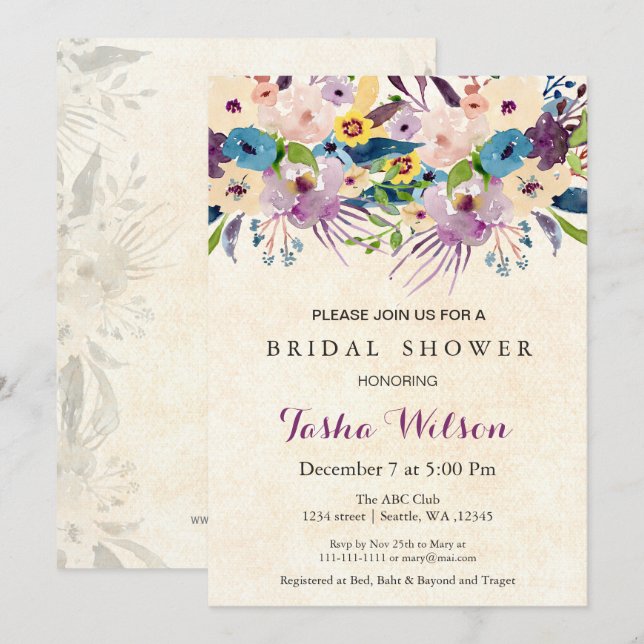 Invitation Fête des mariées florale moderne aquarelle Invitat (Devant / Derrière)