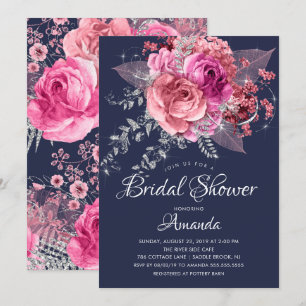 Invitation Fête des mariées florale moderne Marine rose et ar