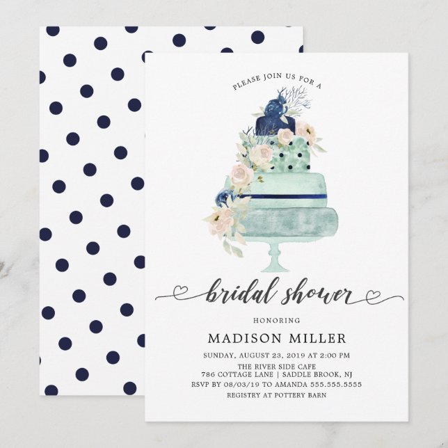 Invitation Fête des mariées florale moderne Mint Navy & Blush (Devant / Derrière)