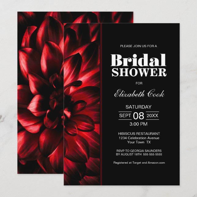 Invitation Fête des mariées florale moderne rouge et noire (Devant / Derrière)