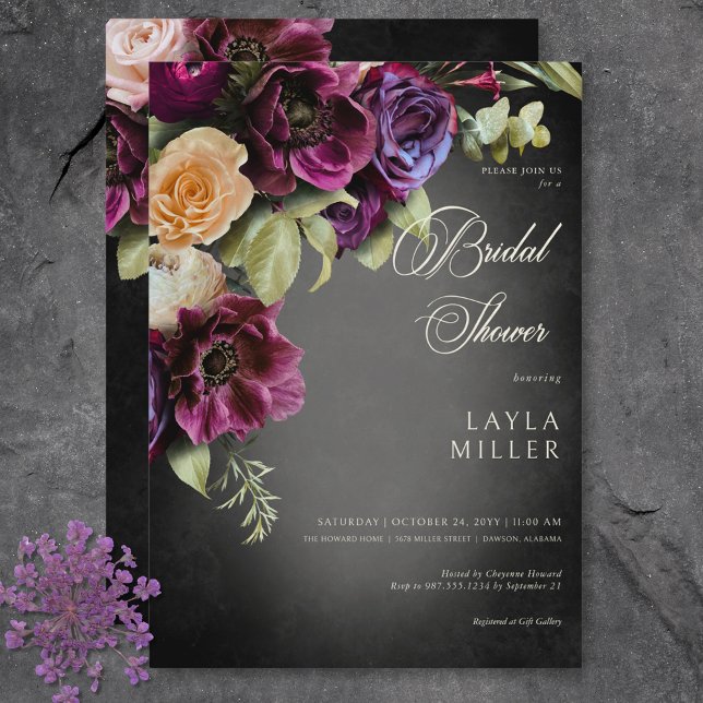 Invitation Fête des mariées florale noir foncé (Dark Elegant Black Blur Floral Bridal Shower Invitation)