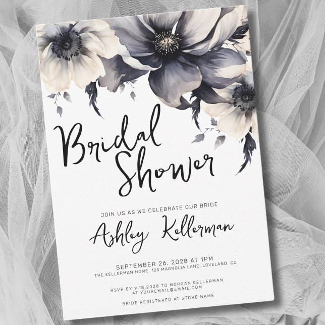 Invitation Fête des mariées florale noire blanche (Boho Elegant Floral Black White Bridal Shower Invitation)