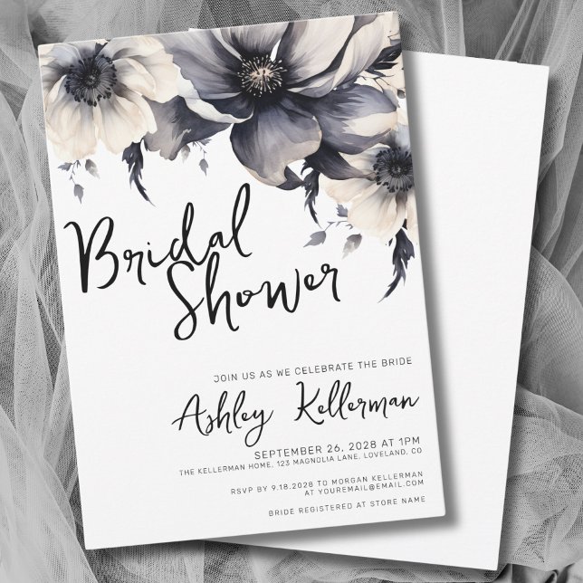 Invitation Fête des mariées florale noire blanche (Chic Elegant Floral Black White Bridal Shower Invitation)