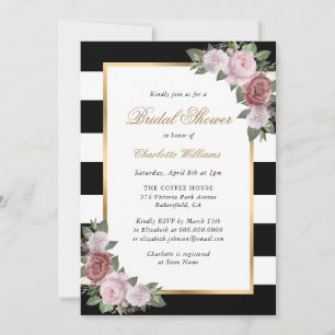 Invitation Fête des mariées florale noire blanche en or rose