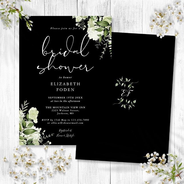 Invitation Fête des mariées Florale Noire Et Blanc (Black And White Greenery Floral Bridal Shower Invitation)