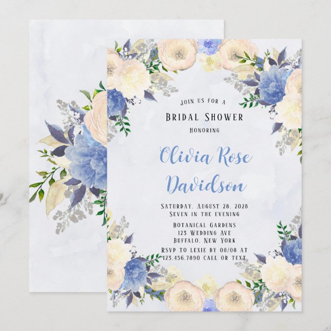 Invitation Fête des mariées florale Pale Jaune Dusty Blue Peo (Devant / Derrière)
