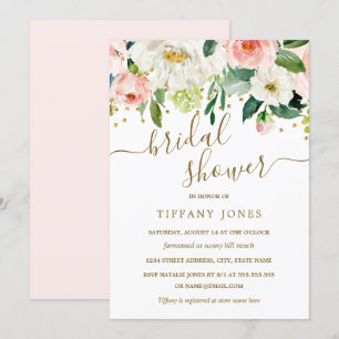 Invitation Fête des mariées florale Peach Pink Gold Confetti