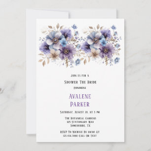 Invitation Fête des mariées florale peinte en bleu violet