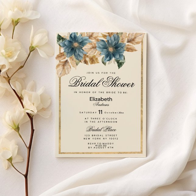 Invitation Fête des mariées florale printanière en ivoire ble (Blue ivory gold fall spring floral Bridal Shower )