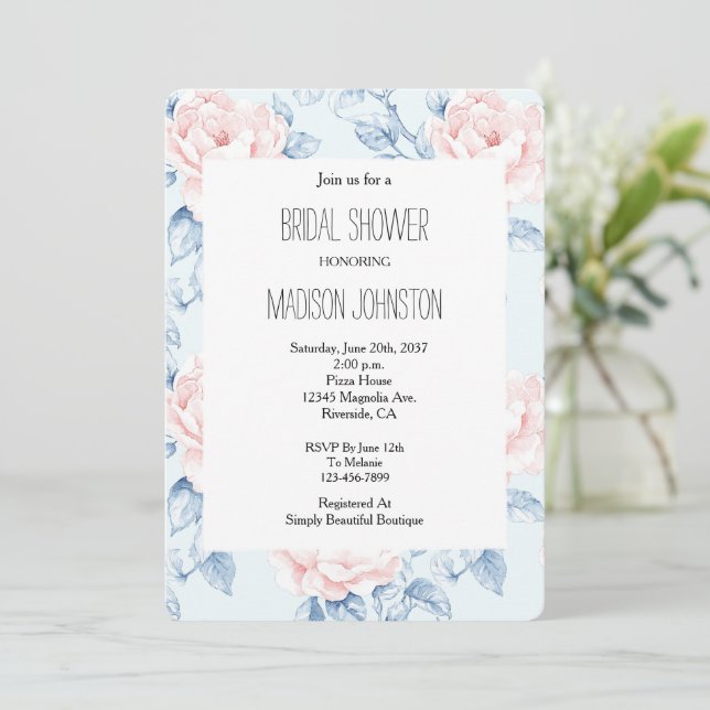 Invitation Fête des mariées florale rose bleu (Debout devant)