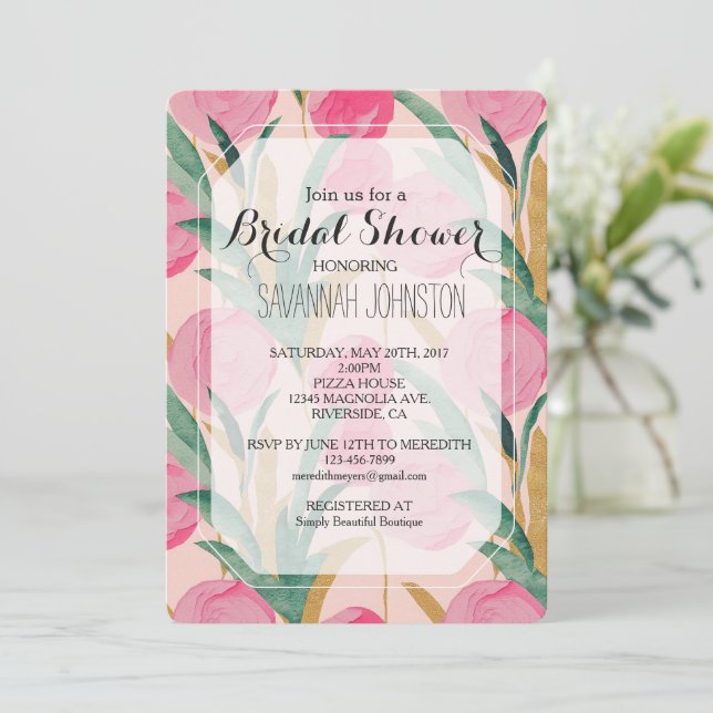 Invitation Fête des mariées florale rose crème (Debout devant)