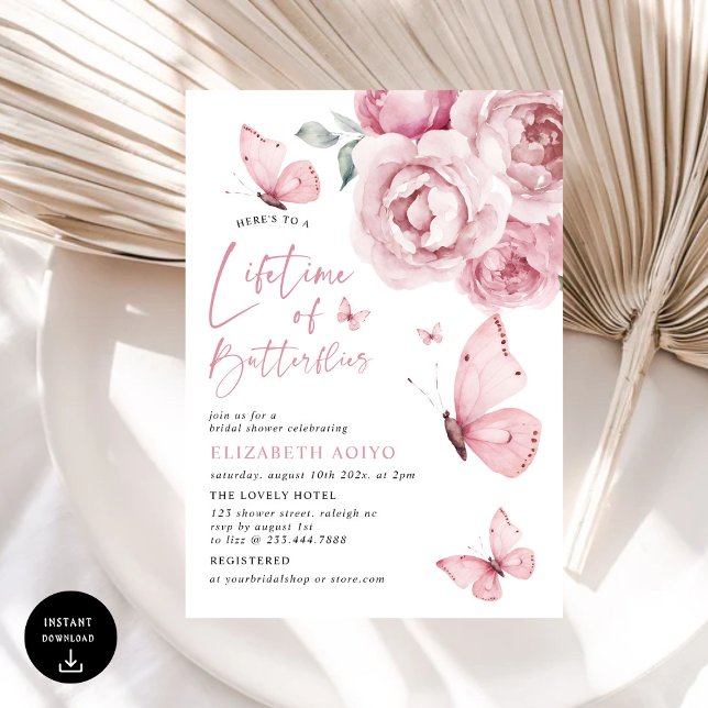 Invitation Fête des mariées florale rose de la vie des papill (Créateur téléchargé)