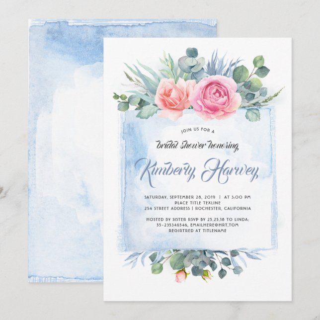 Invitation Fête des mariées florale rose et bleu poussiéreux (Devant / Derrière)