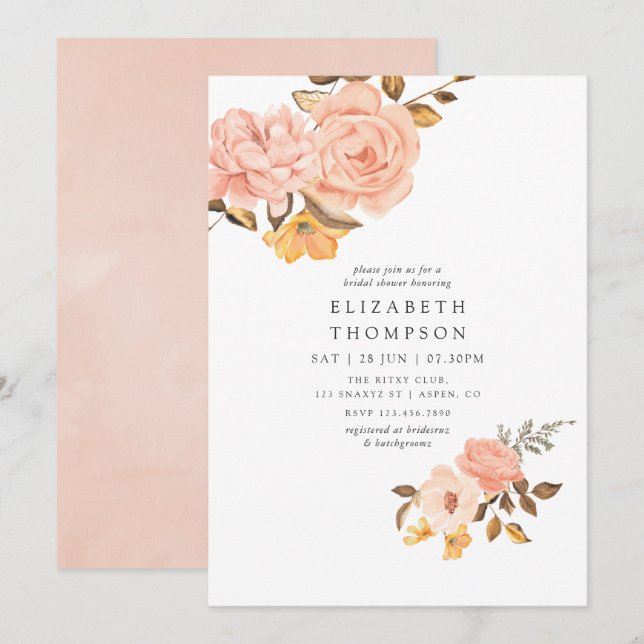 Invitation Fête des mariées florale rose et or (Devant / Derrière)