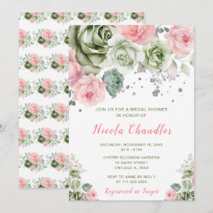 Invitation Fête des mariées florale rose et verte Sage