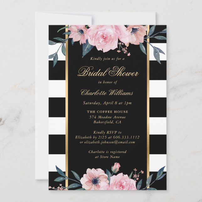 Invitation Fête des mariées florale rose pâle noire rayée (Devant)