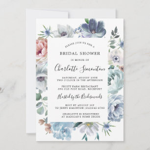 Invitation Fête des mariées florale rose rose pâle et bleu fo