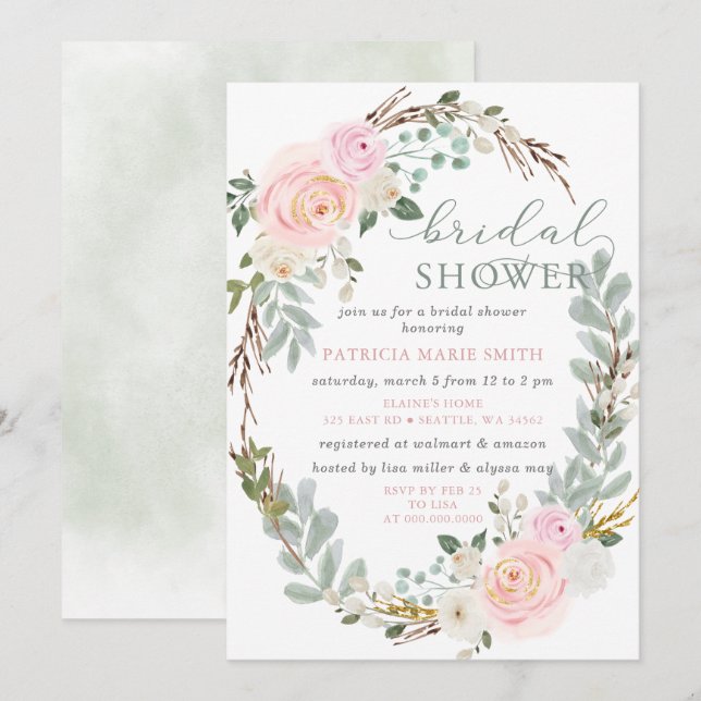 Invitation Fête des mariées florale rose rose Sage moderne (Devant / Derrière)